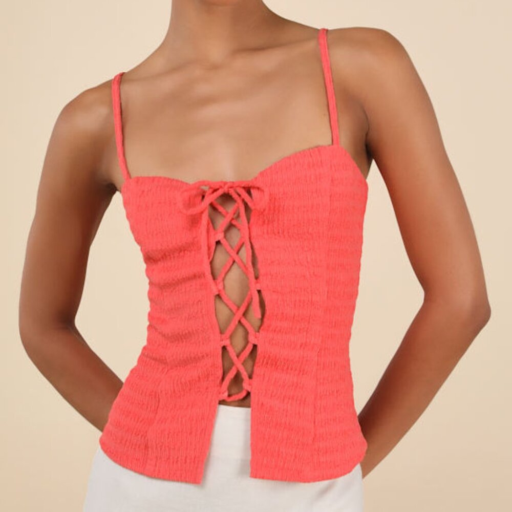 Lulus Annelie Coral Textured Knit Lace-up Tank Top Orange - Size S